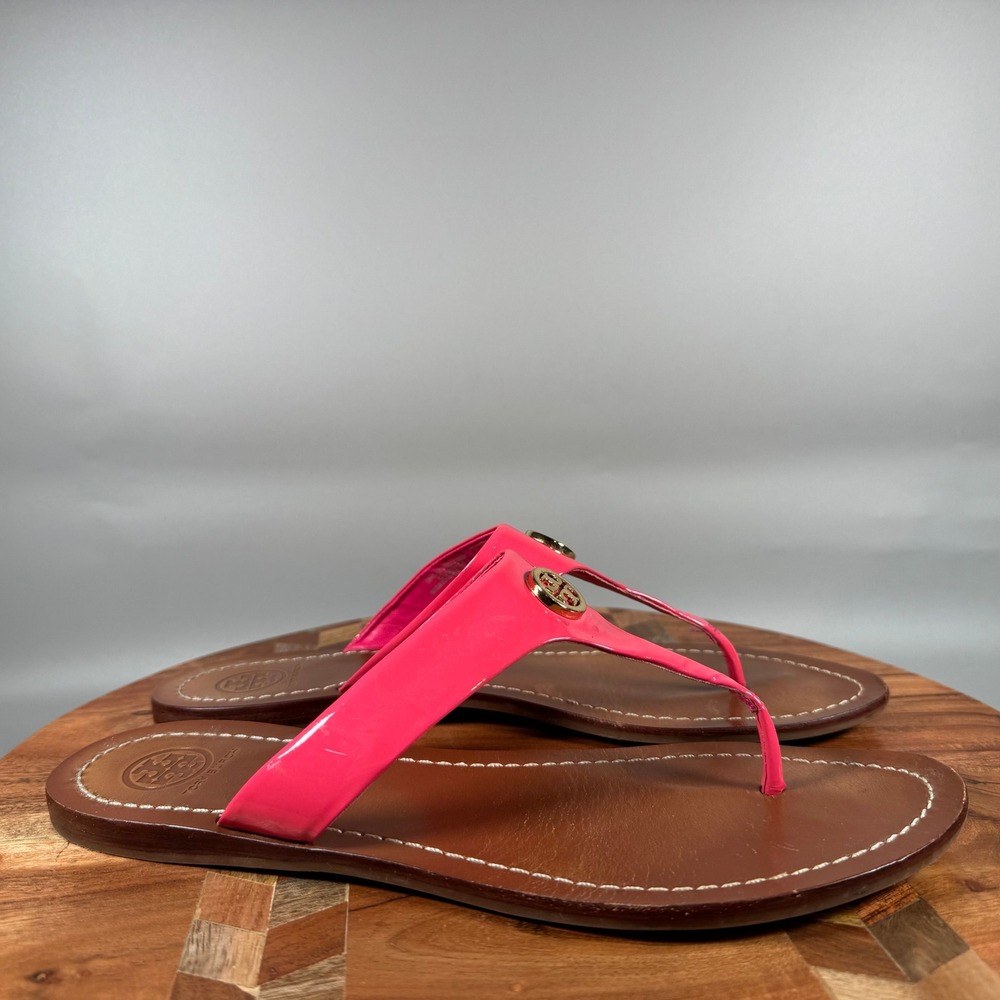 Tory Burch Miller Thong Sandal Neon Pink Patent Leather Gold Logo Size 9M 2013